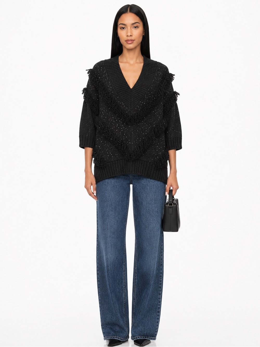 White + Warren Black V-Neck Fringe Knit 3/4 Sleeve Sweater size M